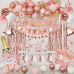 Rose Gold Birthday Party Decorations Kit for Women Girls, Foil Confetti Rose Gold Balloon Pink Happy Birthday Banner Fringe Curtains Butterfly Decor Circle Dots Tassels Pompoms Party Supplies