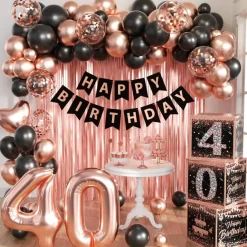 Rose Gold 40th Birthday Decorations for Women - Fabulous 40 Birthday Party Supplies Include 3pcs Balloon Boxes, Number 40 Foil Balloons, Fringe Curtains, Black Pink Garland Arch Kit - Photo Backdrop