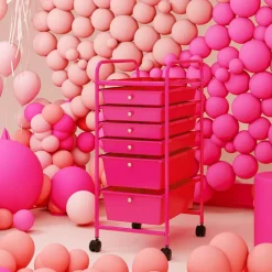 Rose Red Steel Storage Cart with 6 Drawers 4 Wheels and Plastic Bins for Bathrooms or Kitchen