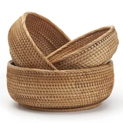 Round Rattan Fruit Baskets Woven Storage Bowls Key Holder Stackable for Shelf Kitchen Tabletop Natural Set of 3