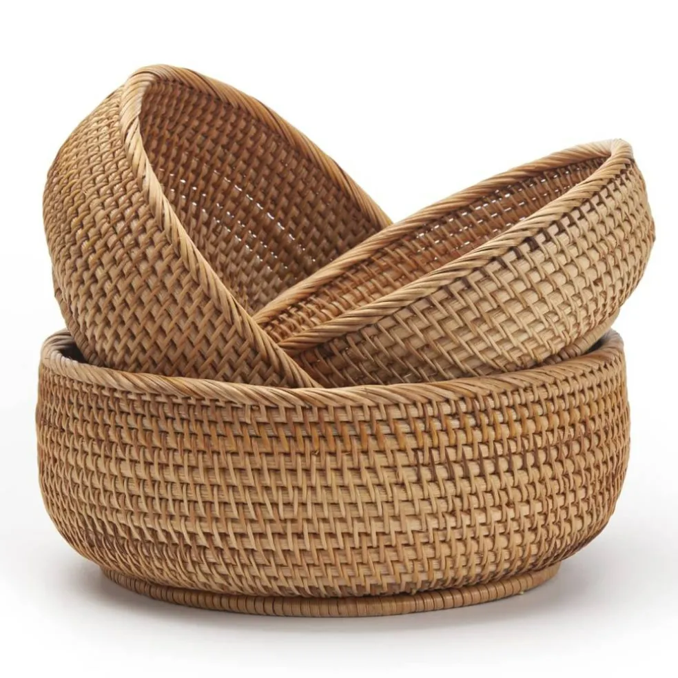 Round Rattan Fruit Baskets Woven Storage Bowls Key Holder Stackable for Shelf Kitchen Tabletop Natural Set of 3