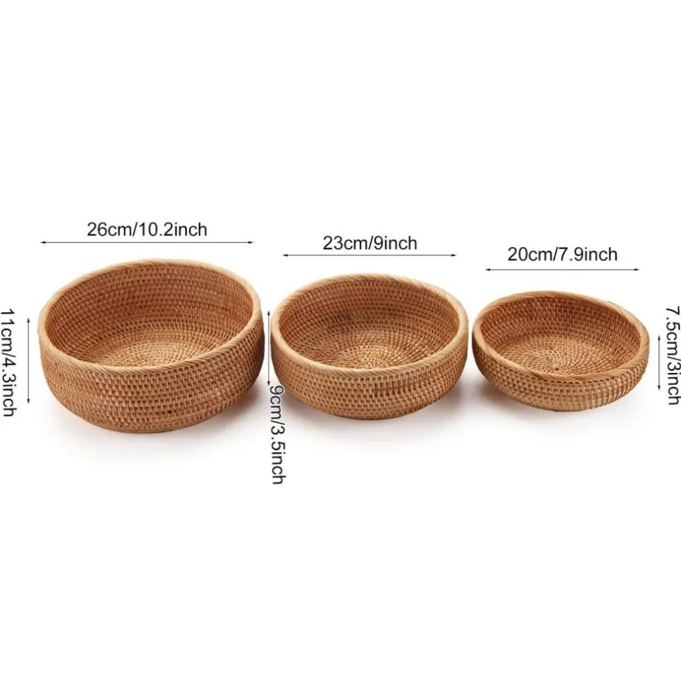 Round Rattan Fruit Baskets Woven Storage Bowls Key Holder Stackable for Shelf Kitchen Tabletop Natural Set of 3