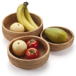 Round Rattan Fruit Baskets Woven Storage Bowls Key Holder Stackable for Shelf Kitchen Tabletop Natural Set of 3