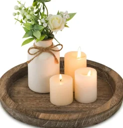 Round Wood Candle Plate Holder Tray Rustic Farmhouse Distressed Decorative Candle Base