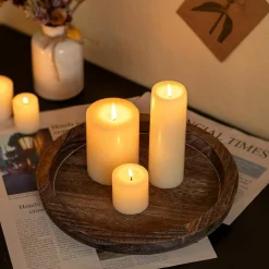 Round Wood Candle Plate Holder Tray Rustic Farmhouse Distressed Decorative Candle Base