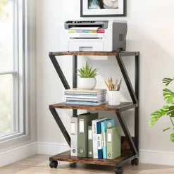 Rustic Brown-Black Wood and Metal 3-Tier Printer Stand on Wheels