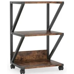 Rustic Brown-Black Wood and Metal 3-Tier Printer Stand on Wheels