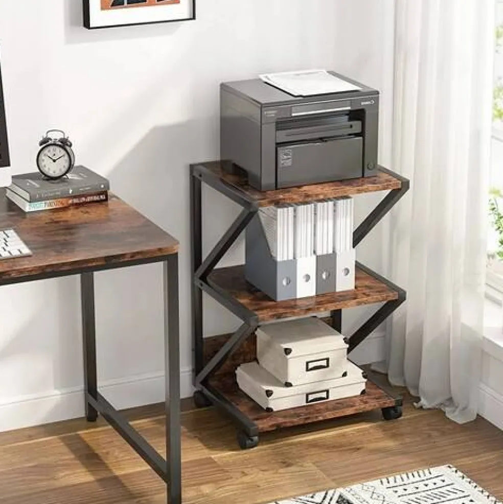 Rustic Brown-Black Wood and Metal 3-Tier Printer Stand on Wheels