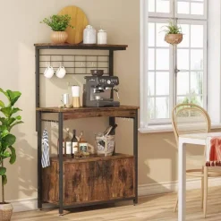 Rustic Brown Engineered Wood Bakers Rack with Adjustable Height and Industrial Design