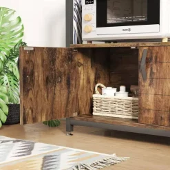 Rustic Brown Engineered Wood Bakers Rack with Adjustable Height and Industrial Design