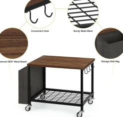 Rustic Brown 2-Tier Printer Cart with Wheels & Storage Bag