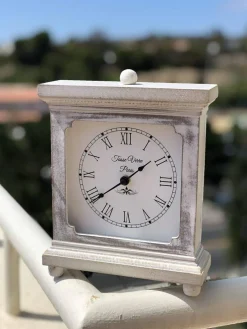 Rustic Shelf Clock (Quiet) for Living Room Mantel, Table, Or Desk 9" X 7" Farmhouse Decor Distressed White Washed Wood Silent - Office Fireplace. AA Battery Operated Non-Digital, Tan
