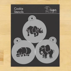 Safari Animals Cookie Set: Rhinoceros, Hippopotamus, Elephant | C829 by Designer Stencils | Cookie Decorating Tools | Baking Stencils for Royal Icing, Airbrush, Dusting Powder | Reusable Plastic Food Grade Stencil | Easy to Use & Clean Stencil