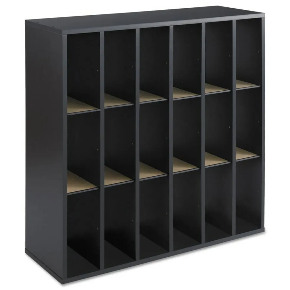 Safco 33.75 in. x 12 in. x 32.75 in. 18 Compartments Stackable Wood Mail Sorter with Adjustable Dividers - Black