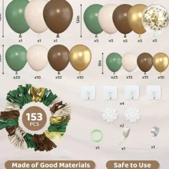Sage Green Brown Balloon Garland Arch Kit, 153 PCS Safari Jungle Balloon Arch with Olive Green, White Sand, Brown, Metallic Gold and Confetti Balloons for Woodland Birthday and Baby Shower Decorations