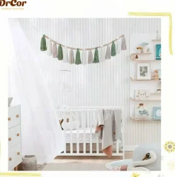 Sage Green Tassel Garland – Boho Farmhouse Yarn Fringe Wall Hanging(Green)