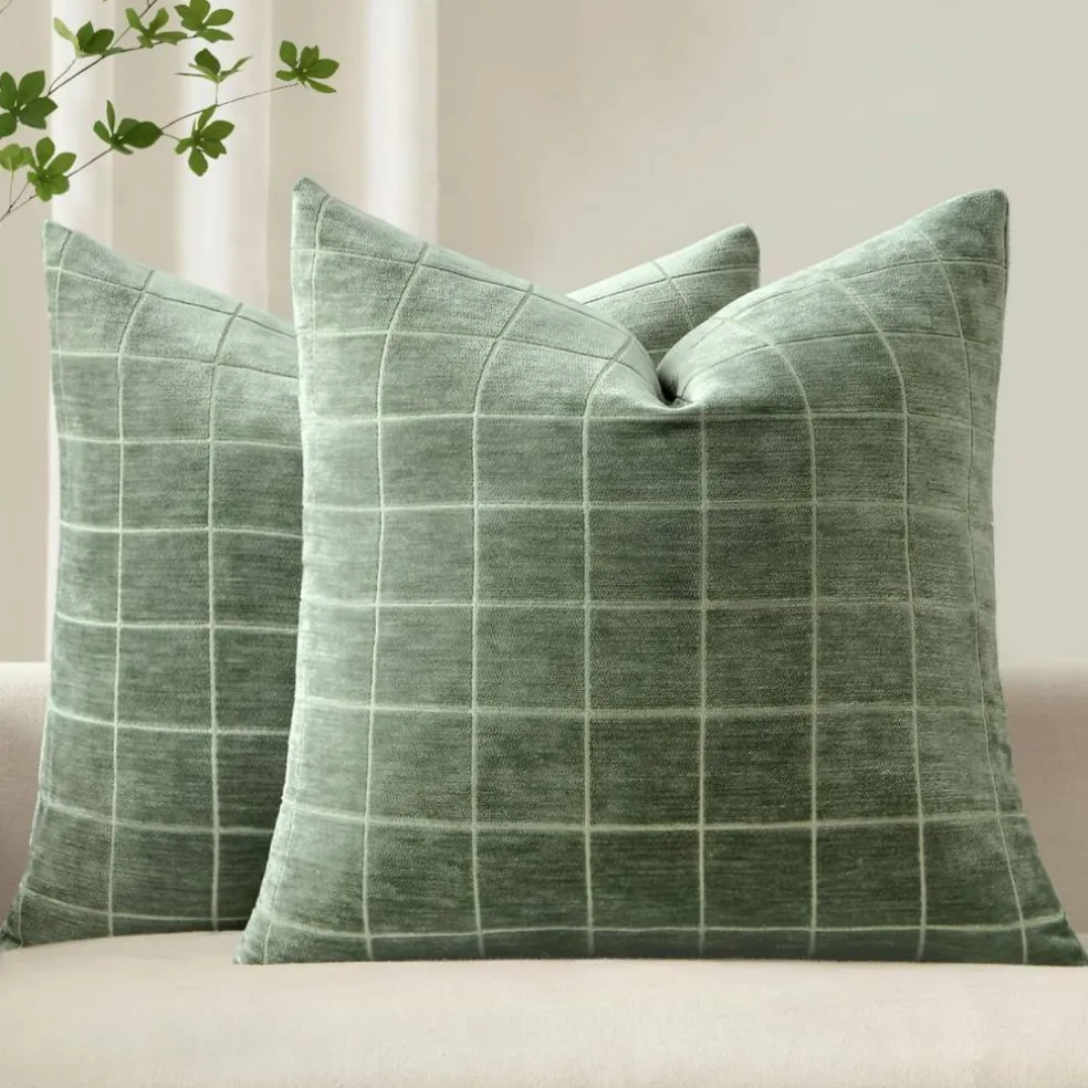 Sage Plaid Decorative Throw Pillow Covers 18x18 Set of 2