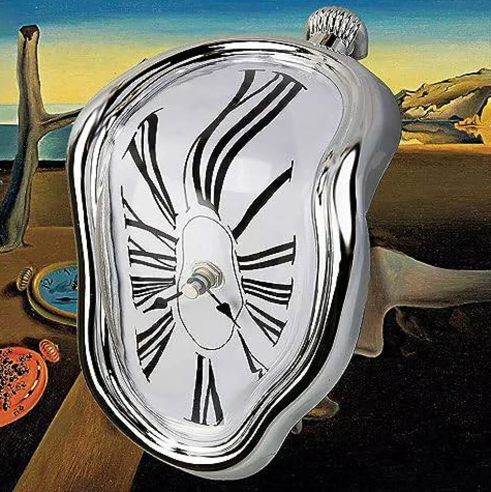 Salvador Dali Melting Clock, Watch Melted Clock for Decorative Home Office Shelf Desk Table Funny Creative Gift, Rome Silver