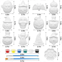 12 Set Halloween Ceramic Painting Kits for Kids, DIY Unpainted Plaster Figurines with 12 Paints, 12 Brushes and 50 OPP Bags, Pumpkin, Bat and Witch Hat Crafts for Classroom Activities, Art Projects, Party Favors and Gifts