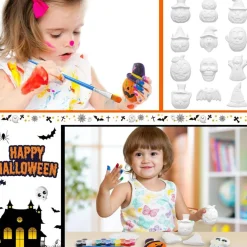 12 Set Halloween Ceramic Painting Kits for Kids, DIY Unpainted Plaster Figurines with 12 Paints, 12 Brushes and 50 OPP Bags, Pumpkin, Bat and Witch Hat Crafts for Classroom Activities, Art Projects, Party Favors and Gifts
