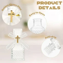 24 Set Holy Water Bottles with Cross Pins and Lace Bows, 50ml Glass Religious Favor Containers with Cork for Baptism First Communion Wedding Church Party Gifts