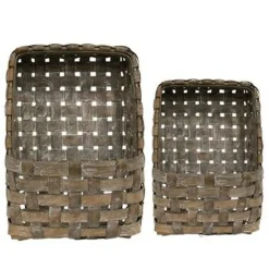 Set of 2 Aged Tobacco Wall Pocket Baskets Rustic Wood Wall Storage Organizer