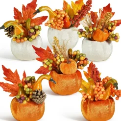 Set of 6 Artificial Pumpkins Decorations, Decorative Fabric Orange Pumpkin with Maple Berry Acorn Pine Cone Vegetables for Fall Thanksgiving Harvest Party Home Tabletop