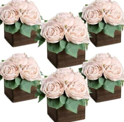 Set of 6 Artificial Rose Table Centerpieces with Wooden Vase Faux Floral Arrangement for Wedding and Home Decor