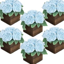 Set of 6 Artificial Rose Table Centerpieces with Wooden Vase Faux Floral Arrangement for Wedding and Home Decor