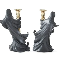 Set of 2 Black Draped Ghost Holding Gold Taper Candleholders