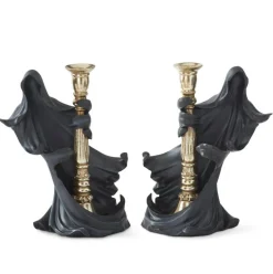 Set of 2 Black Draped Ghost Holding Gold Taper Candleholders