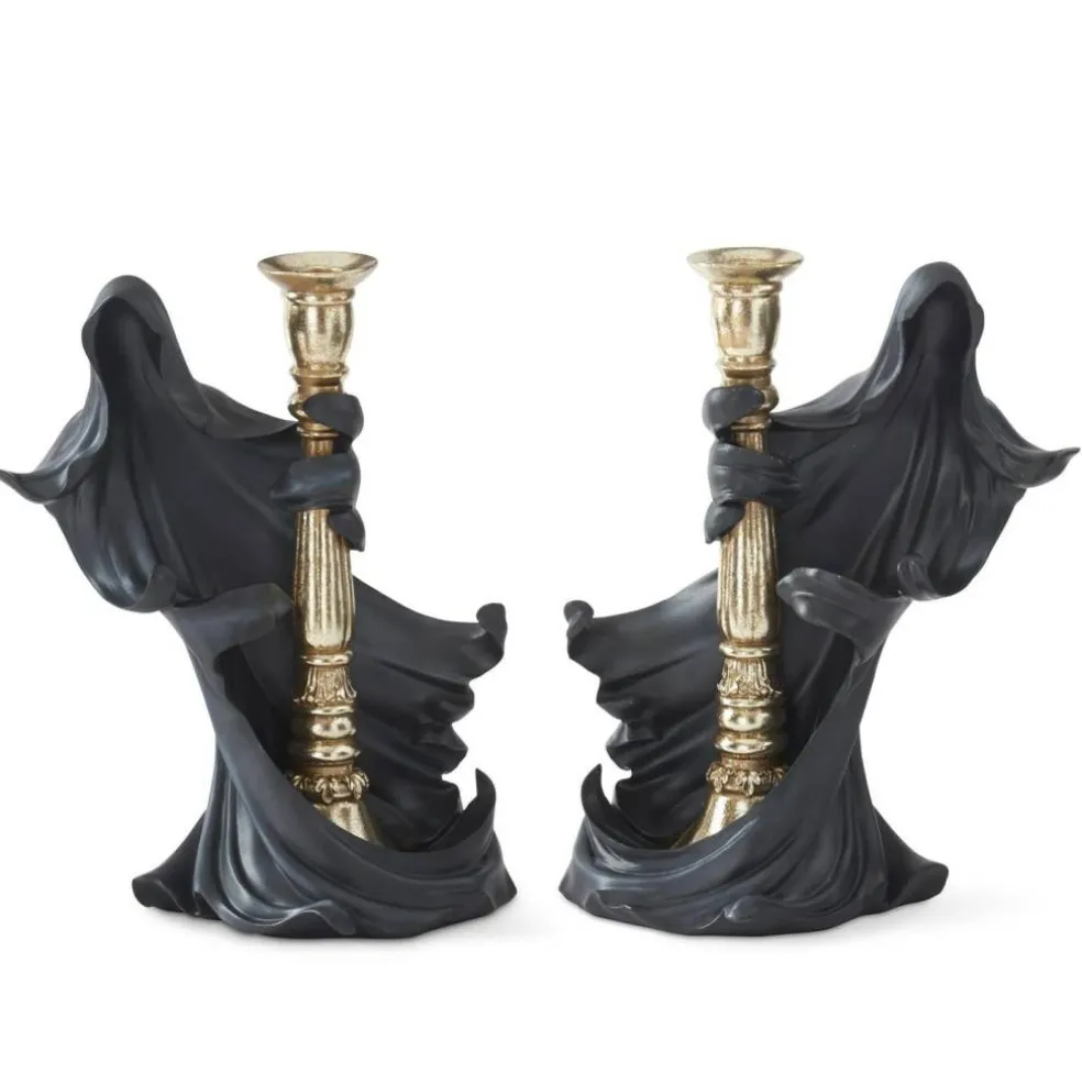 Set of 2 Black Draped Ghost Holding Gold Taper Candleholders