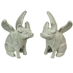 Set of 2 Cast Iron Distressed White Flying Pig Bookends Rustic Decorative Home