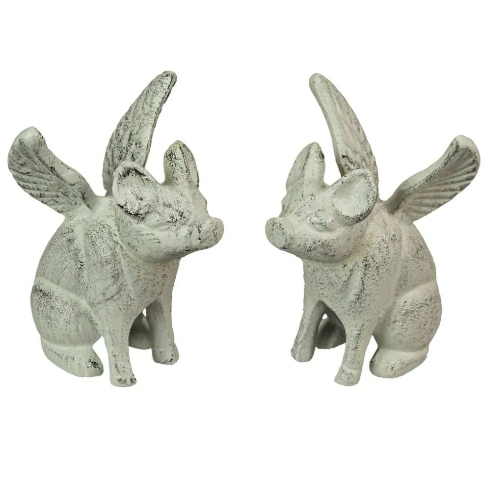 Set of 2 Cast Iron Distressed White Flying Pig Bookends Rustic Decorative Home