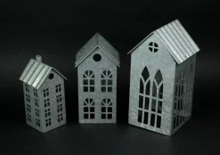 Set of 3 Country Farmhouse Galvanized Metal House Shaped Votive Candle Holders