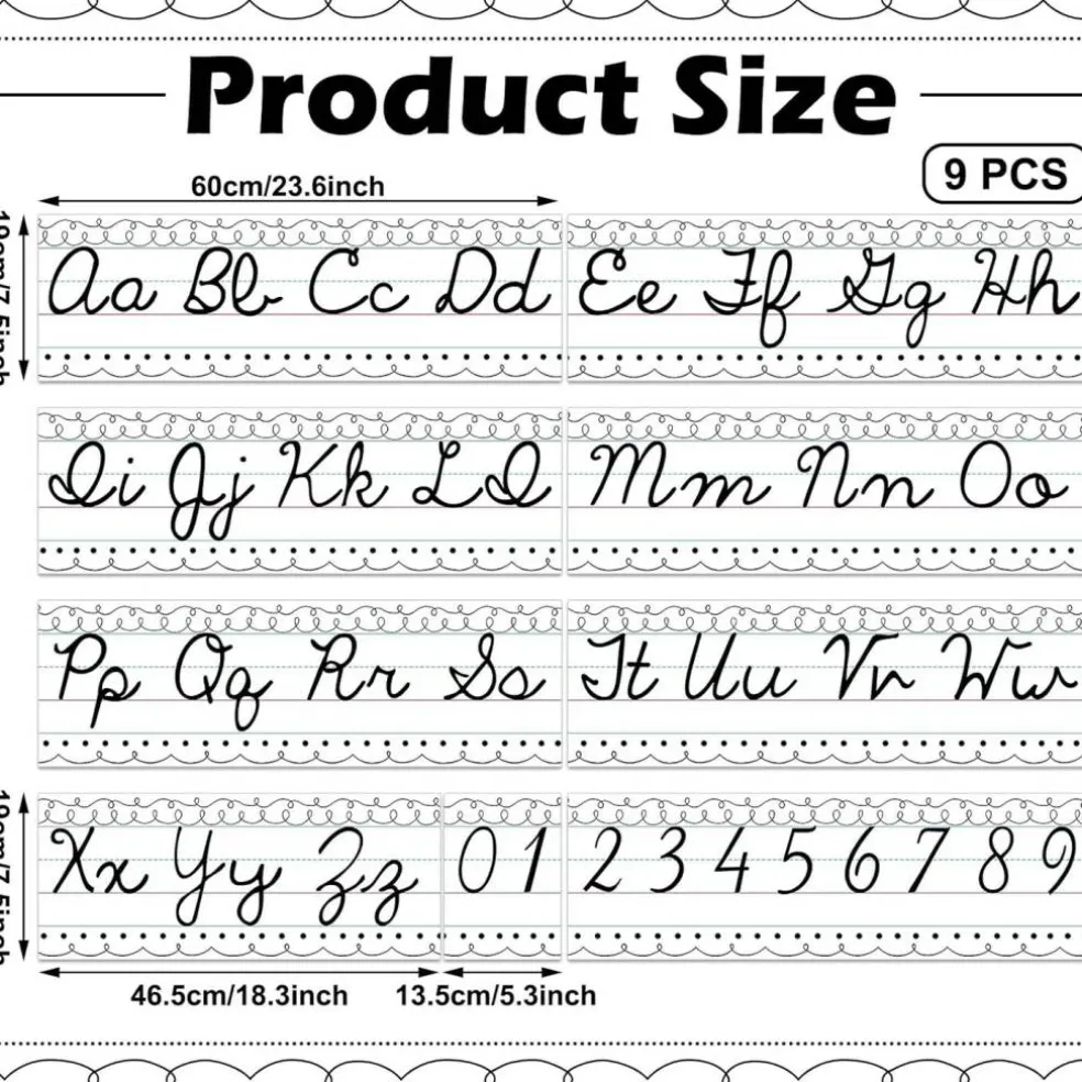 Set of 9 Cursive Writing Bulletin Board Cursive Alphabet Wall Strip (Simple Line)