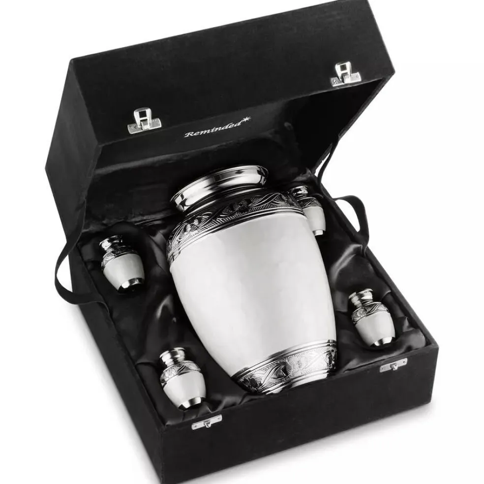 Set of 5 Decorative Cremation Urns for Human Ashes - 1 Adult + 4 Keepsake, White