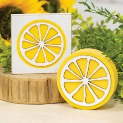 Set of 6 Decorative Lemon Slice Block Sitter, Round Yellow Fruit Inspired Tabletop Accent with White Detail, Freestanding Home Decor for Kitchen Shelf