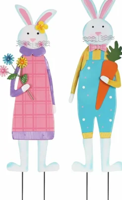 Set of 2 Easter Bunny Garden Stakes – Metal Rabbit Yard Decor for Outdoor Spring Decorations