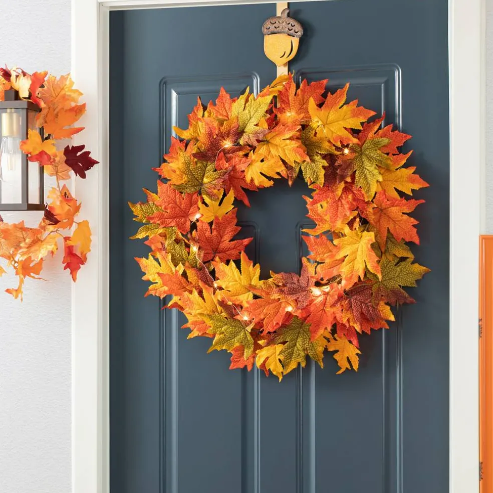 Set of 2 Fall Lighted Maple Leaves Wreath/Garland with Timer