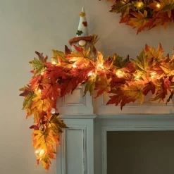 Set of 2 Fall Lighted Maple Leaves Wreath/Garland with Timer