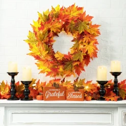 Set of 2 Fall Lighted Maple Leaves Wreath/Garland with Timer