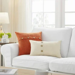 Set of 2 Fall Pillow Covers 20x20 Inch, Burnt Orange Linen Throw Pillow Covers with Coconut Button Design, Farmhouse Autumn Decorative Cushion Covers for Home Sofa Couch Bedroom Decor