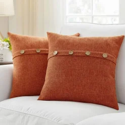 Set of 2 Fall Pillow Covers 20x20 Inch, Burnt Orange Linen Throw Pillow Covers with Coconut Button Design, Farmhouse Autumn Decorative Cushion Covers for Home Sofa Couch Bedroom Decor