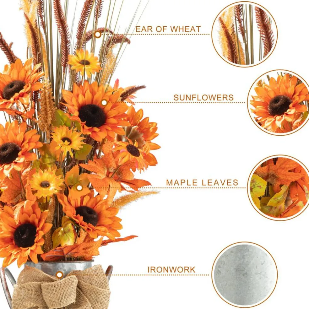 Set of 2 Fall Sunflower Leaf Potted Tree Thanksgiving Porch Decor