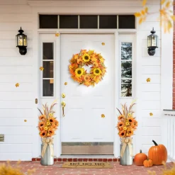 Set of 2 Fall Sunflower Leaf Potted Tree Thanksgiving Porch Decor