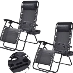 Set of 2 Folding Zero Gravity Recliner Chairs with Cup Holder Tray and Headrest for Patio or Lawn