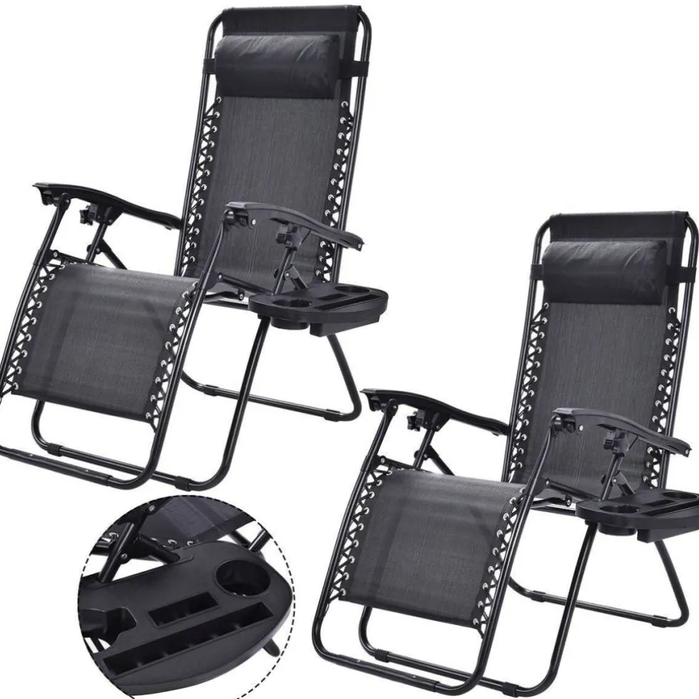 Set of 2 Folding Zero Gravity Recliner Chairs with Cup Holder Tray and Headrest for Patio or Lawn