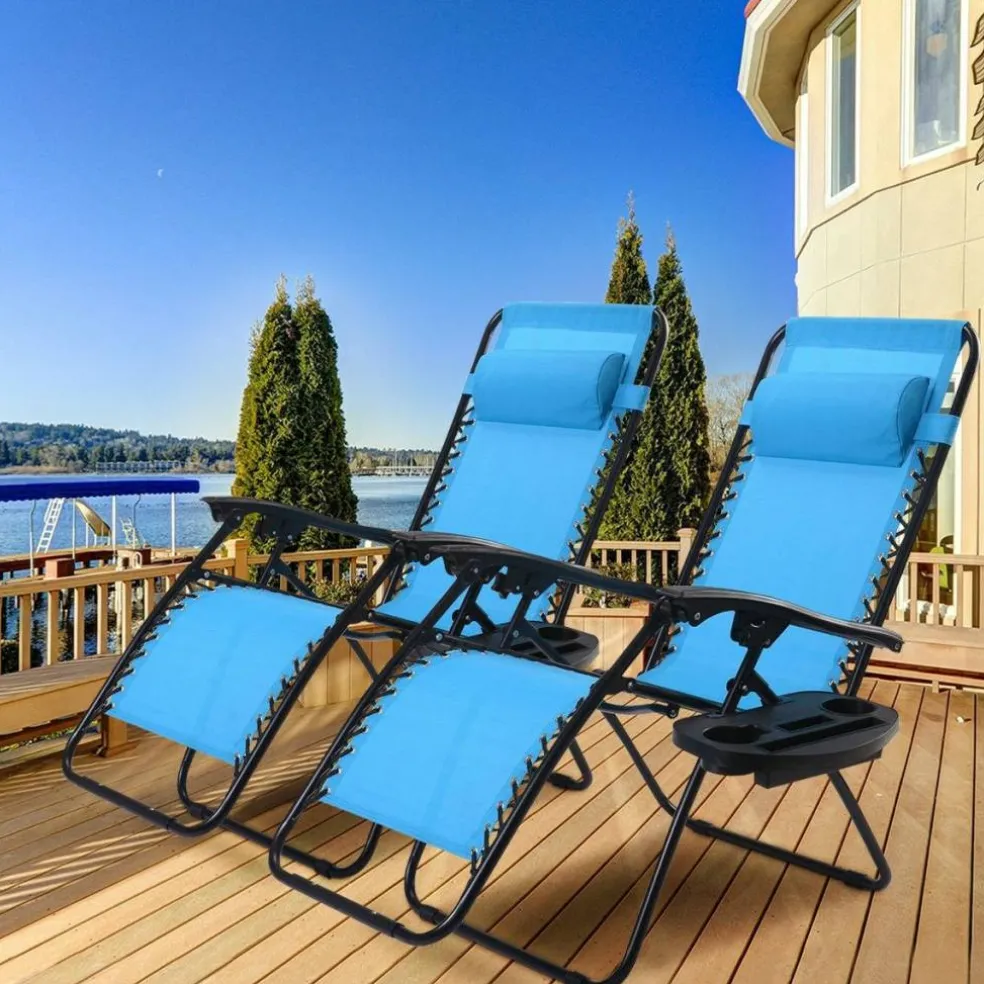 Set of 2 Folding Zero Gravity Recliner Chairs with Cup Holder Tray and Headrest for Patio or Lawn
