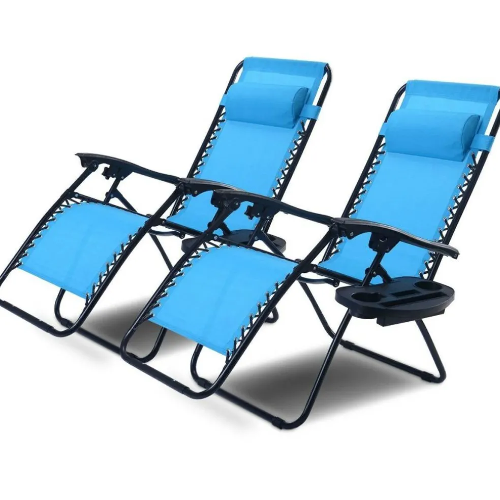 Set of 2 Folding Zero Gravity Recliner Chairs with Cup Holder Tray and Headrest for Patio or Lawn